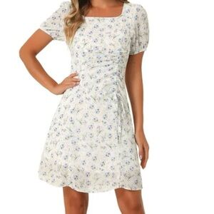 Allegra K White Floral Mini Dress with Blue Accents